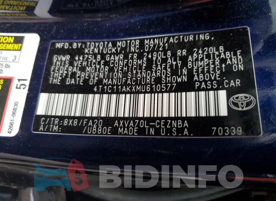 4T1C11AKXMU610577 Photo# 12
