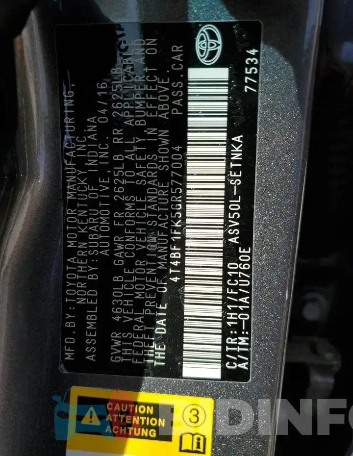 4T4BF1FK5GR577004 Photo# 12