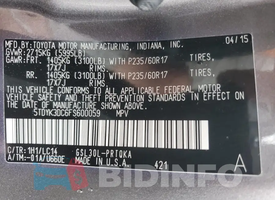 5TDYK3DC6FS600059 Photo# 13