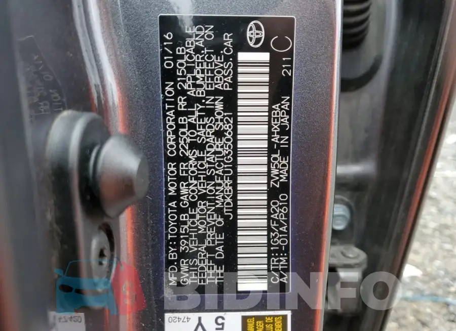 JTDKBRFU1G3506821 Photo# 12