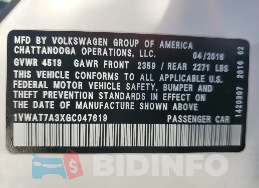 1VWAT7A3XGC047619 Photo# 12