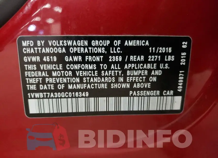 1VWBT7A30GC016349 Photo# 12