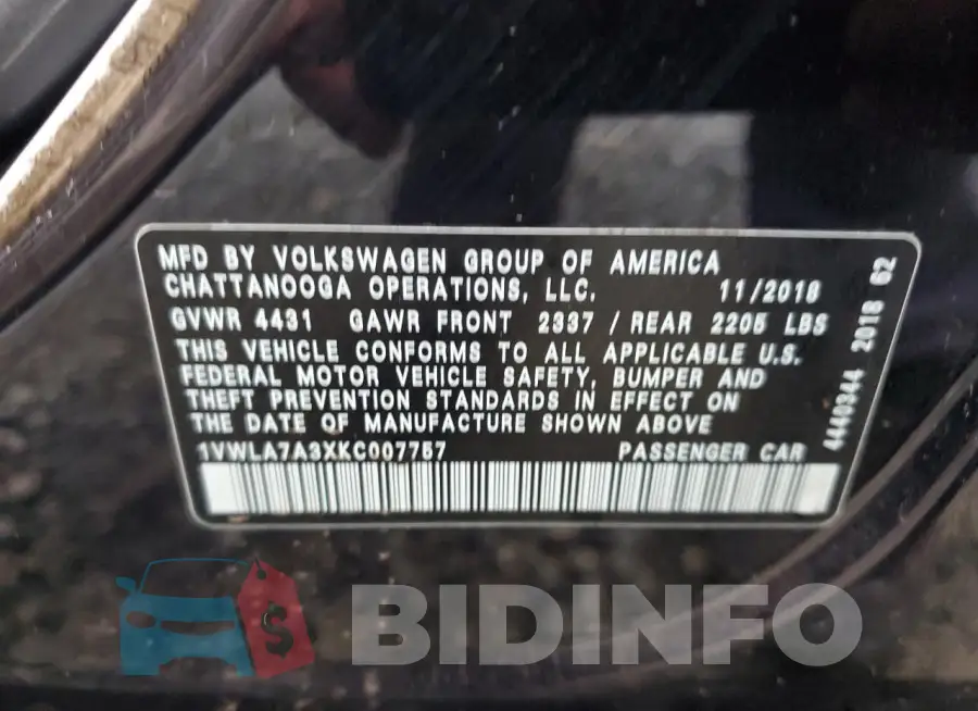 1VWLA7A3XKC007757 Photo# 12