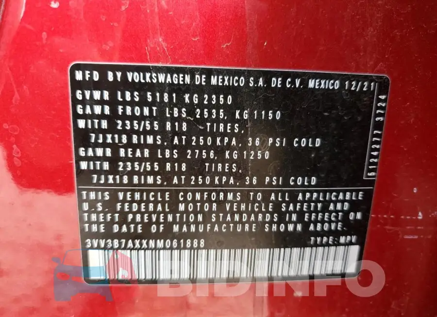 3VV3B7AXXNM061888 Photo# 13