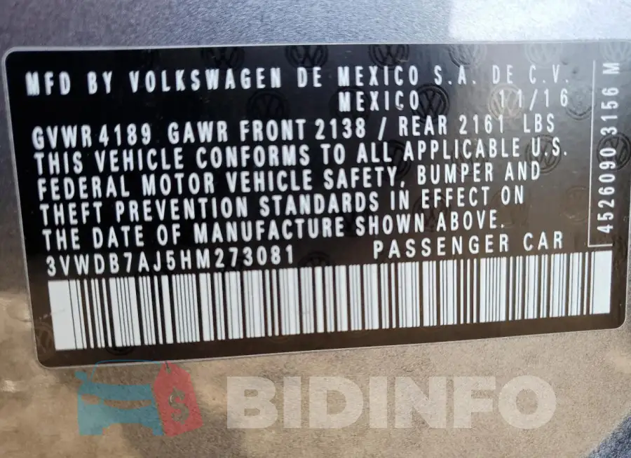 3VWDB7AJ5HM273081 Photo# 12