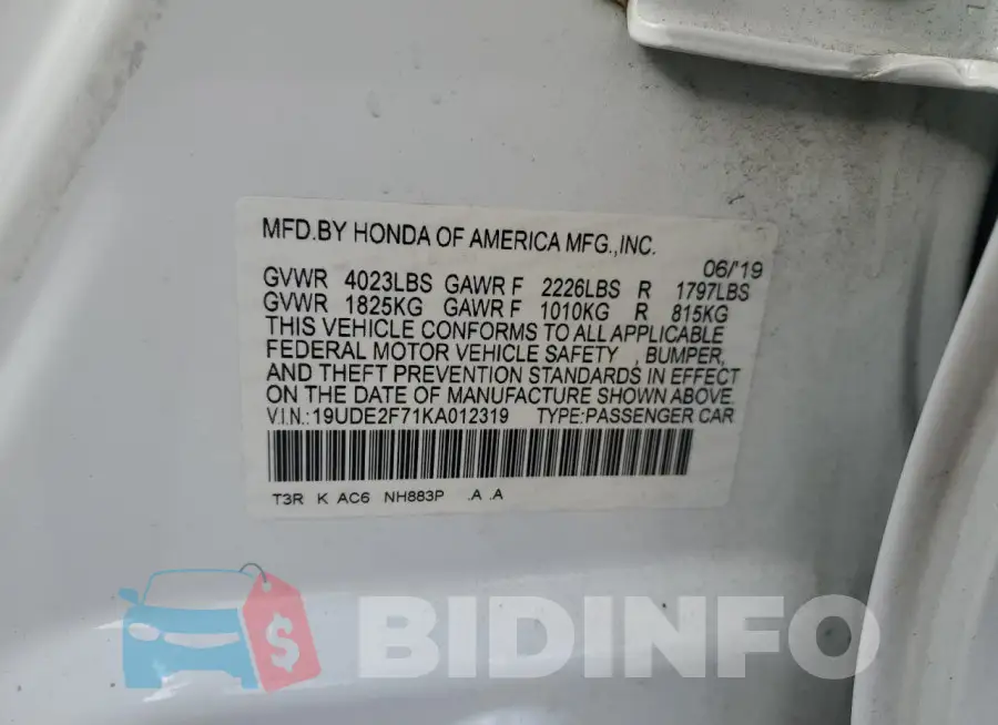 19UDE2F71KA012319 Photo# 13