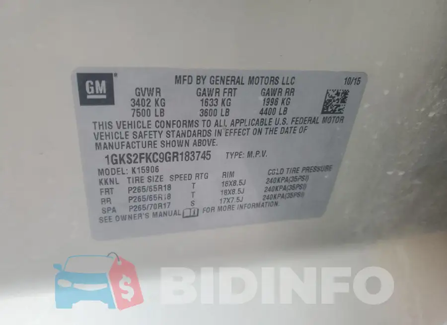 1GKS2FKC9GR183745 Photo# 12