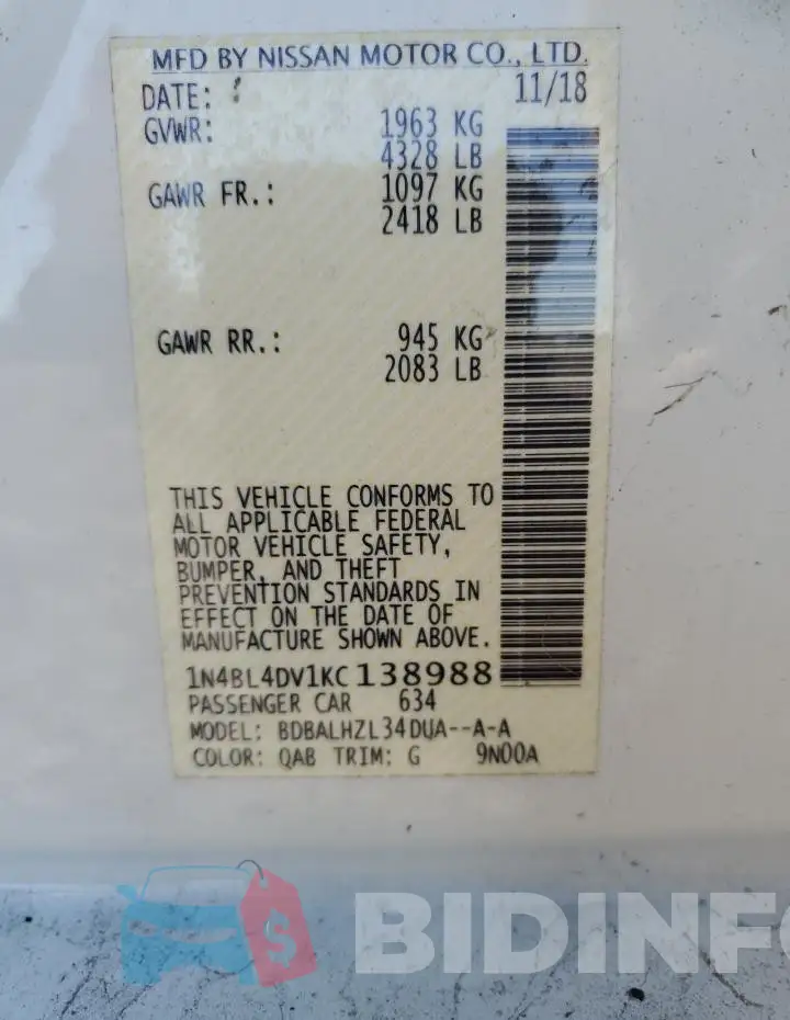 1N4BL4DV1KC138988 Photo# 12