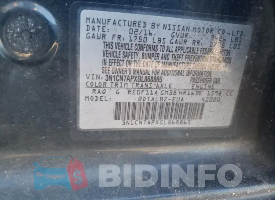 3N1CN7APXGL868865 Photo# 12
