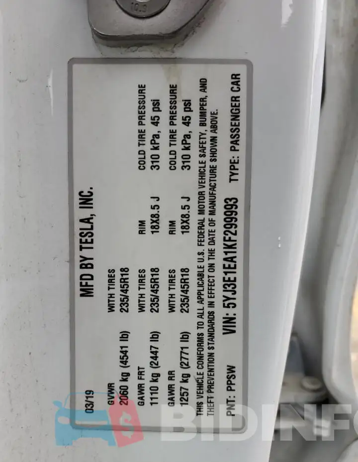 5YJ3E1EA1KF299993 Photo# 13
