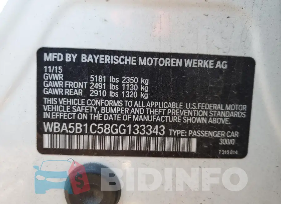 WBA5B1C58GG133343 Photo# 12