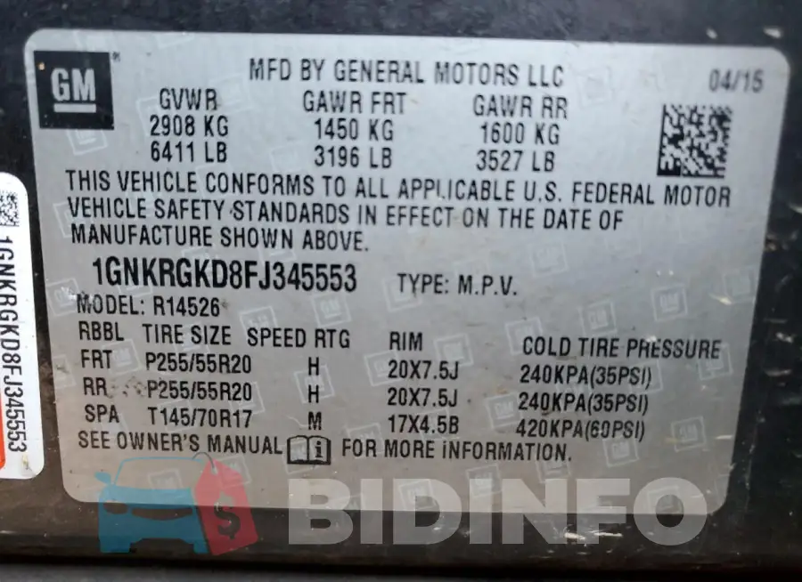 1GNKRGKD8FJ345553 Photo# 14