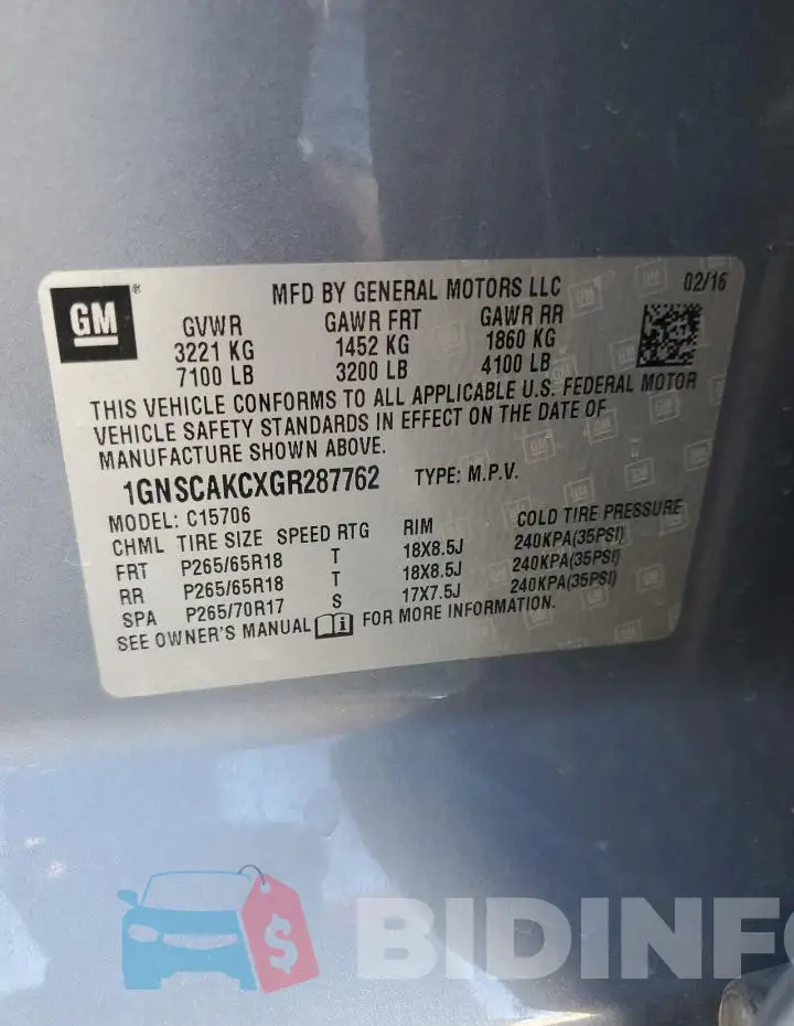 1GNSCAKCXGR287762 Photo# 12