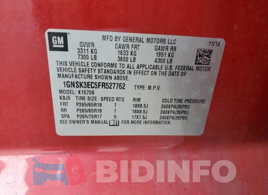 1GNSK3EC5FR527762 Photo# 13