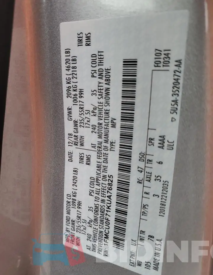 1FMCU0F71KUA76825 Photo# 13