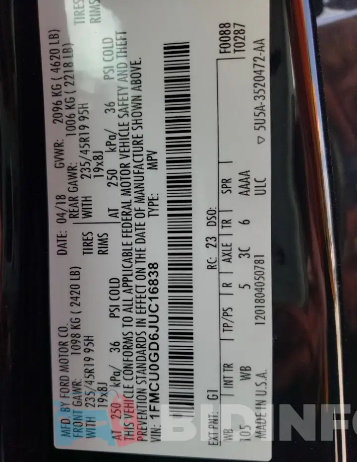 1FMCU0GD6JUC16838 Photo# 14