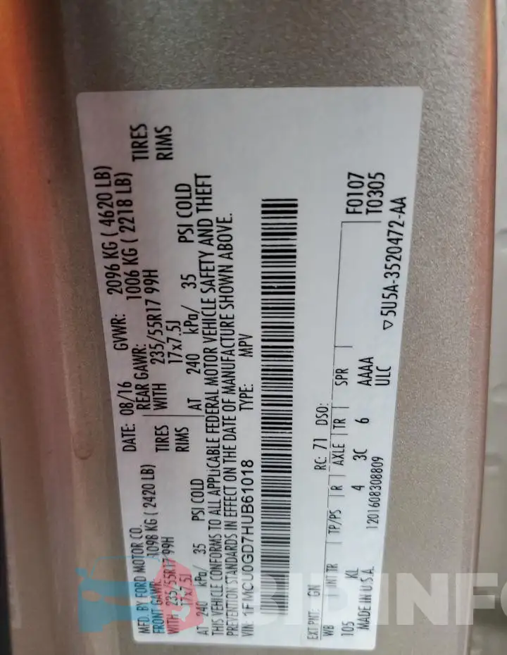 1FMCU0GD7HUB61018 Photo# 12