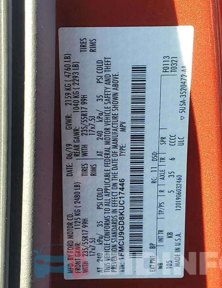 1FMCU9GD8KUC17446 Photo# 12
