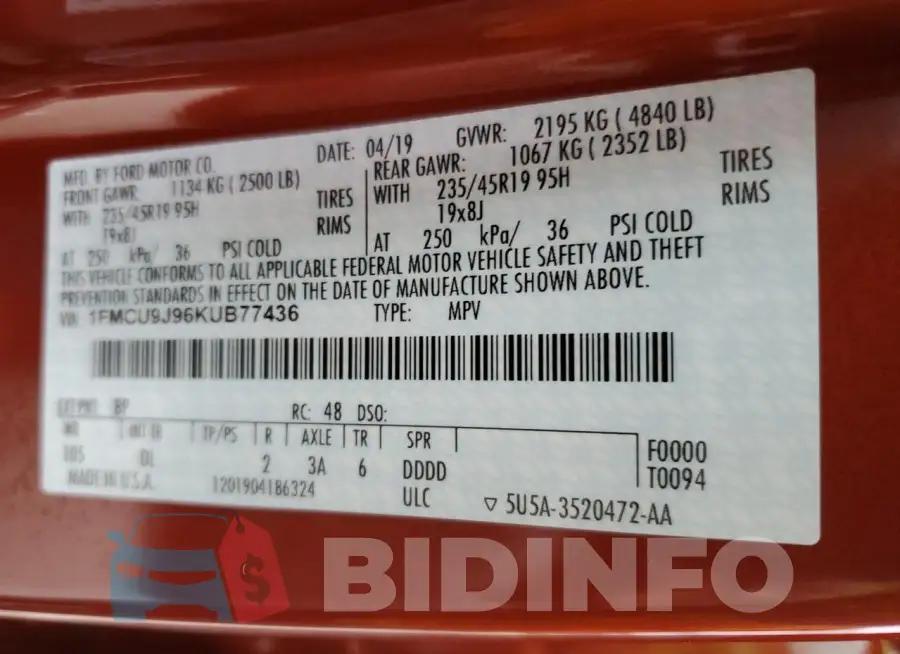 1FMCU9J96KUB77436 Photo# 12