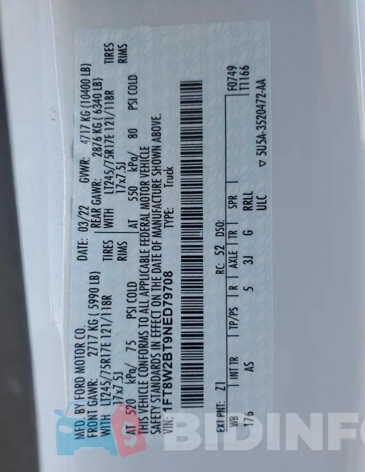 1FT8W2BT9NED79708 Photo# 12