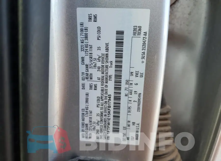1FTFW1E15KFB17945 Photo# 13