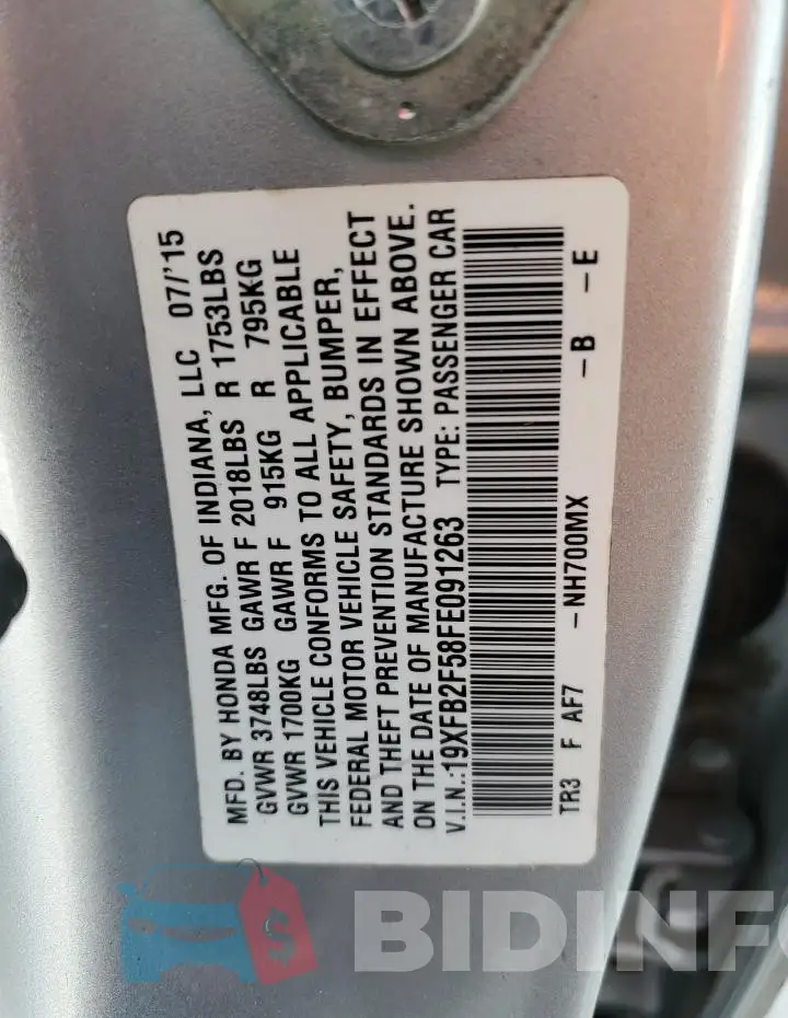 19XFB2F58FE091263 Photo# 12