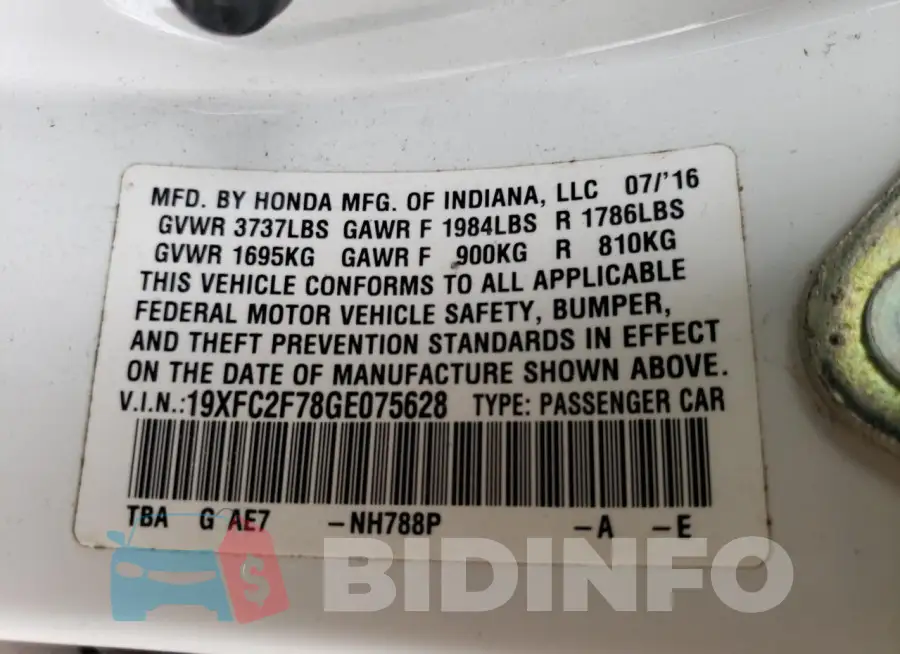 19XFC2F78GE075628 Photo# 13