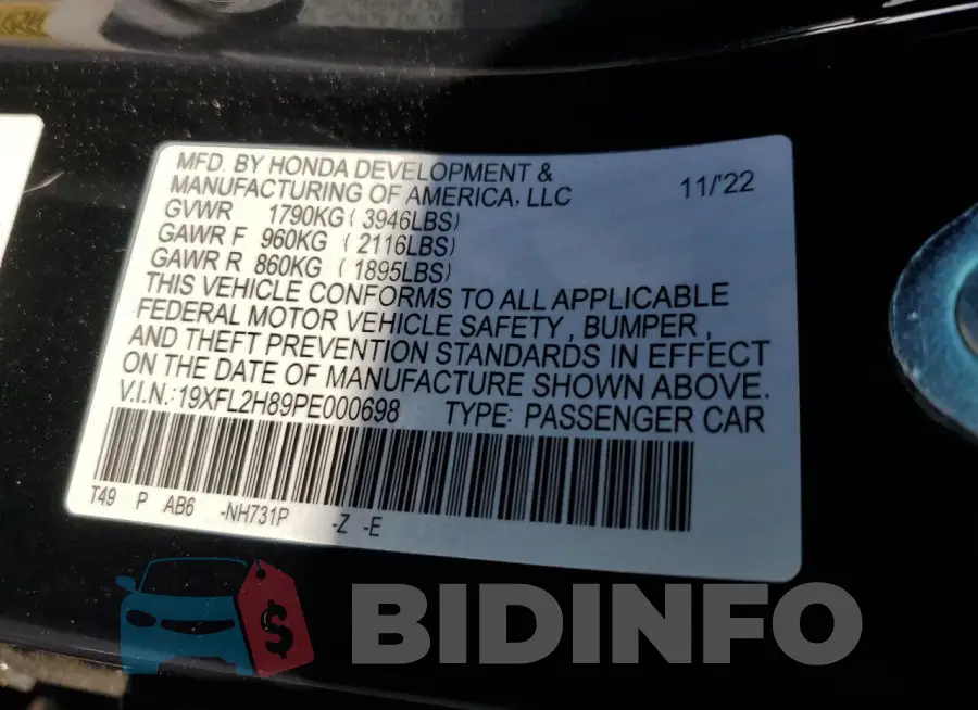 19XFL2H89PE000698 Photo# 12