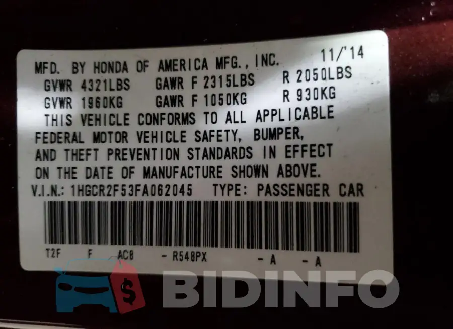 1HGCR2F53FA062045 Photo# 12