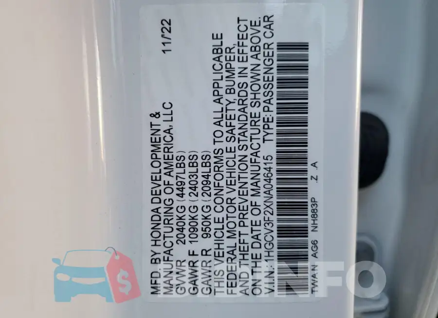 1HGCV3F2XNA046415 Photo# 12