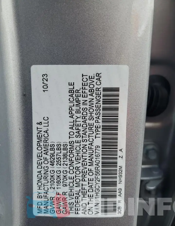 1HGCY2F56RA016779 Photo# 13