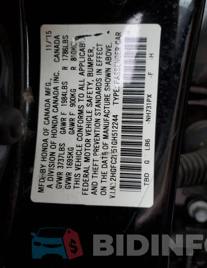2HGFC2F51GH512244 Photo# 12