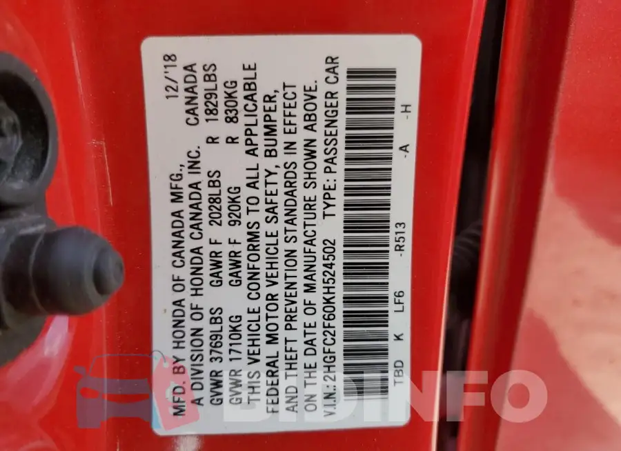 2HGFC2F60KH524502 Photo# 12