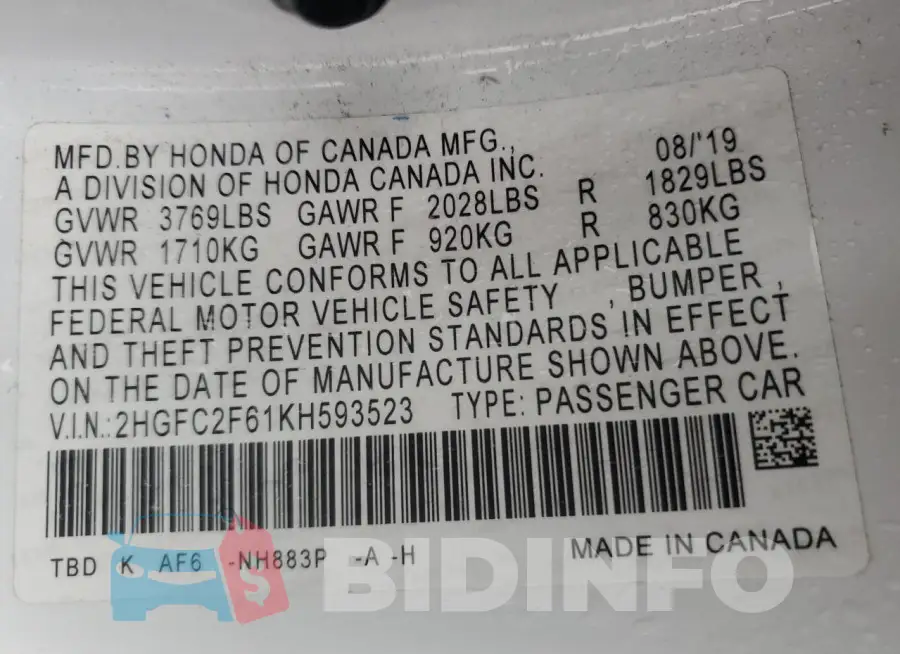 2HGFC2F61KH593523 Photo# 12