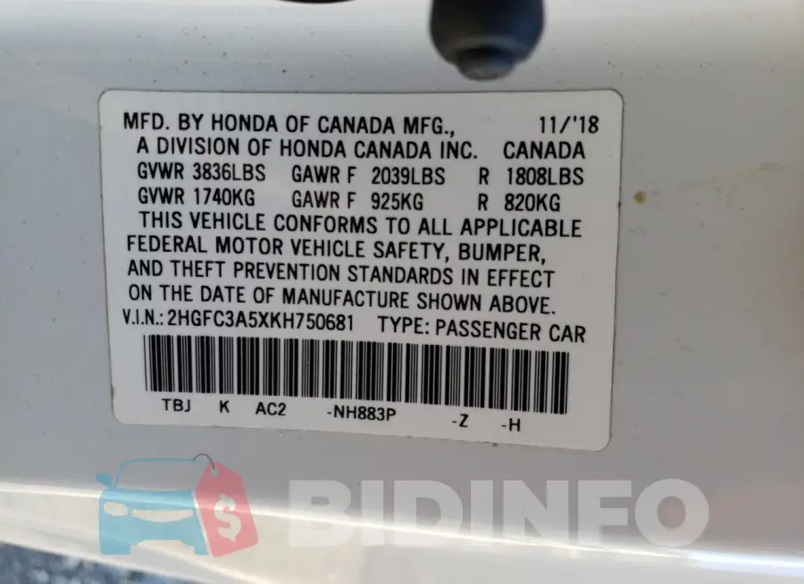 2HGFC3A5XKH750681 Photo# 13