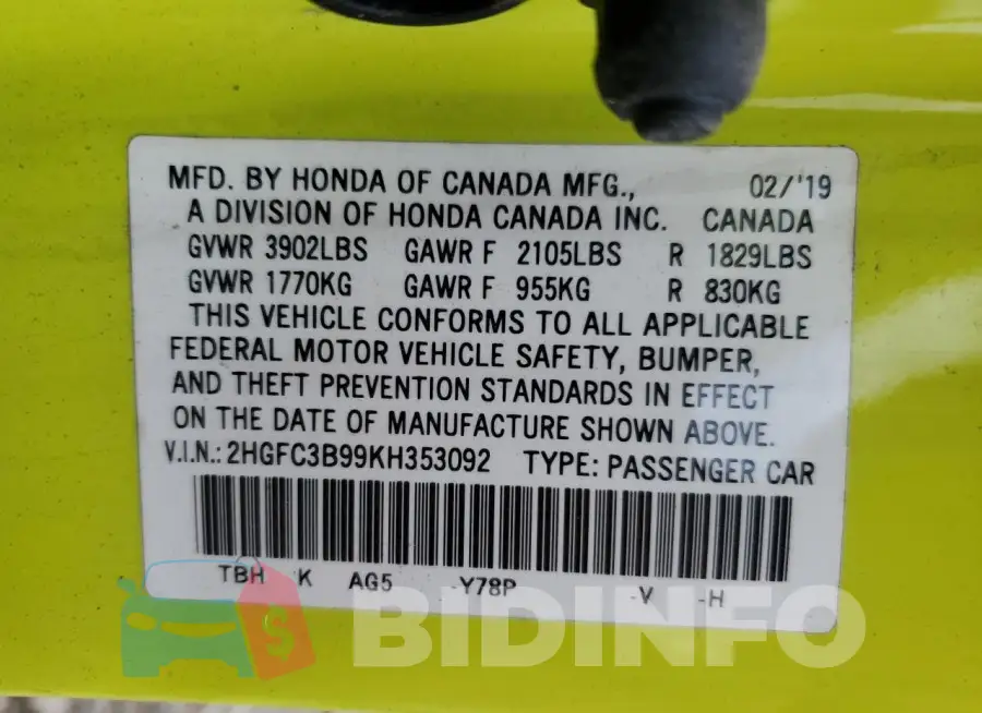 2HGFC3B99KH353092 Photo# 13