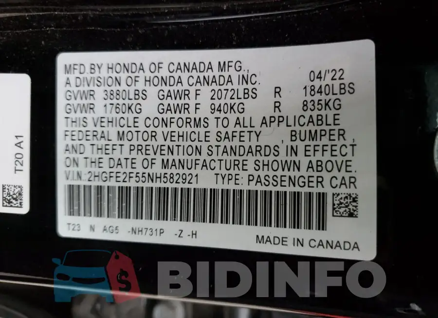 2HGFE2F55NH582921 Photo# 12