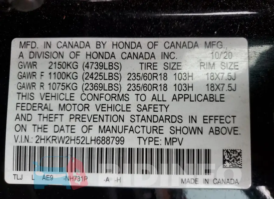 2HKRW2H52LH688799 Photo# 13