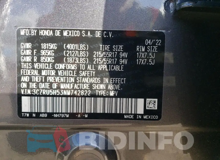 3CZRU5H53NM742822 Photo# 13