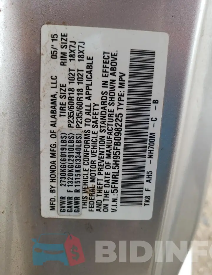 5FNRL5H95FB098225 Photo# 13