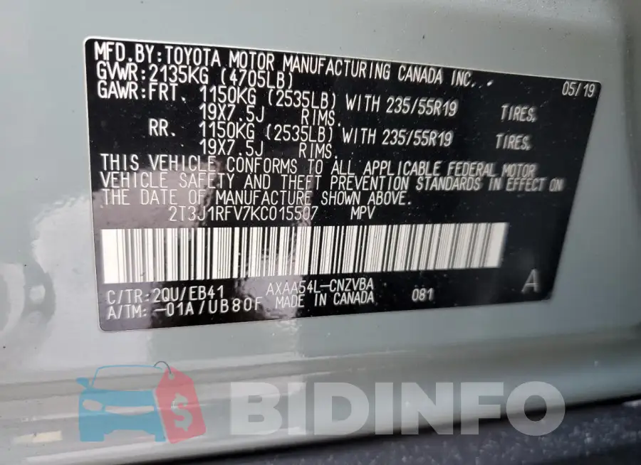 2T3J1RFV7KC015507 Photo# 12