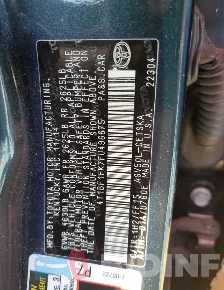 4T1BF1FK7FU496675 Photo# 12