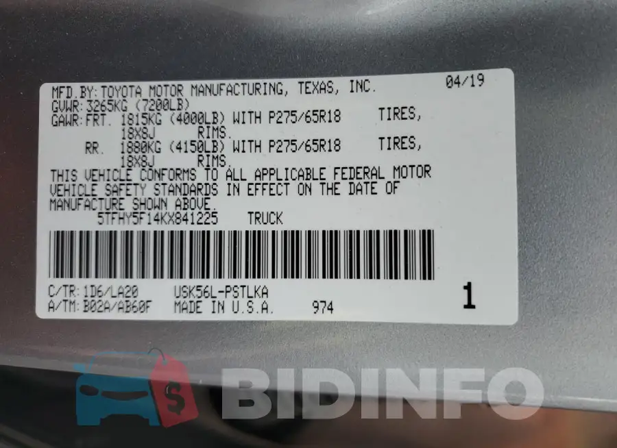 5TFHY5F14KX841225 Photo# 13