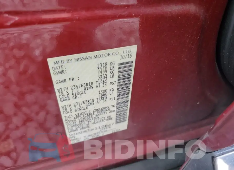 5N1AZ2MG7HN110647 Photo# 13