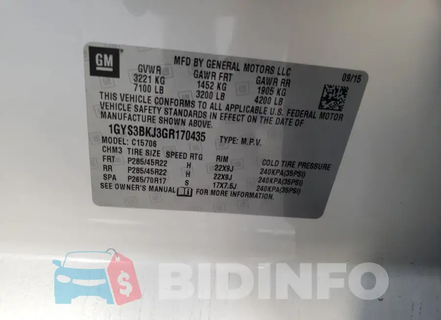 1GYS3BKJ3GR170435 Photo# 13