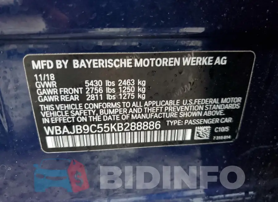 WBAJB9C55KB288886 Photo# 13