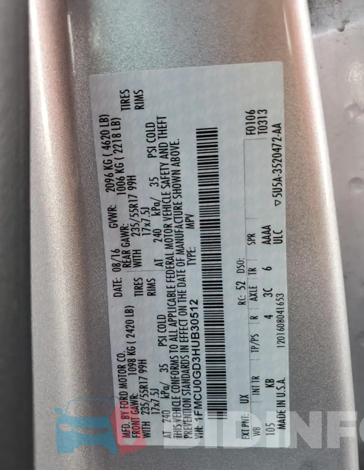1FMCU0GD3HUB30512 Photo# 12
