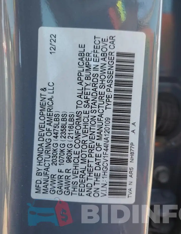 1HGCV1F44NA120109 Photo# 12