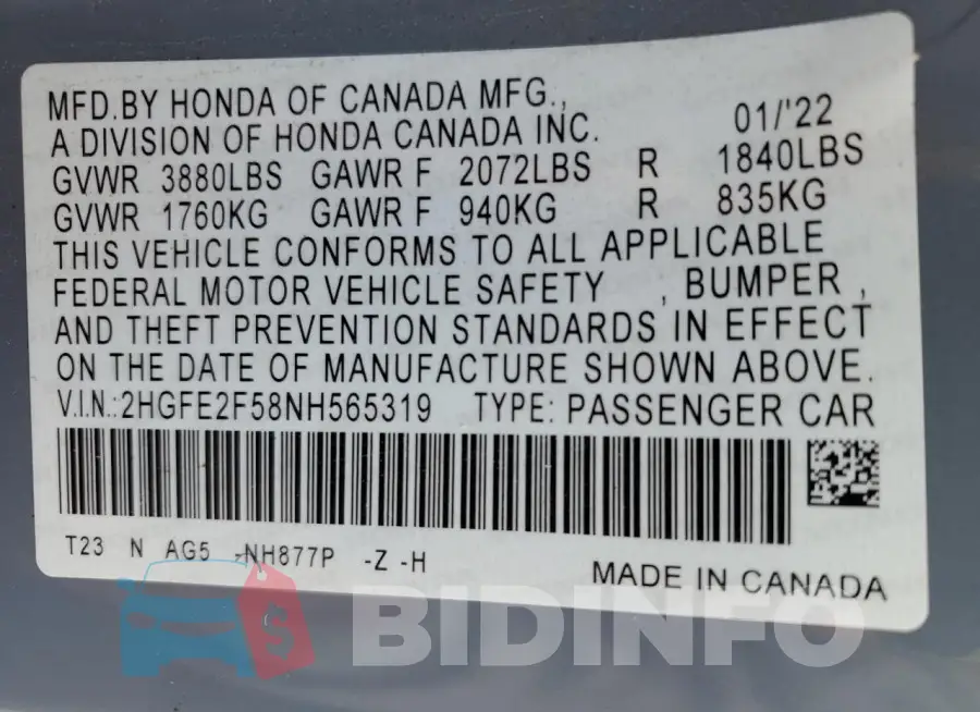 2HGFE2F58NH565319 Photo# 12