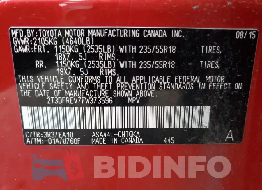 2T3DFREV7FW373596 Photo# 13
